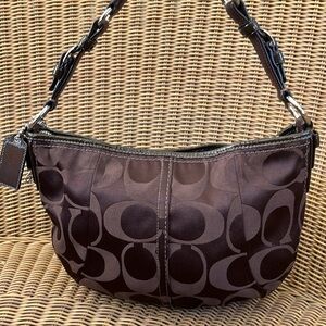 Coach Signature Canvas Leather Chocolate Hobo Shoulder Handbag